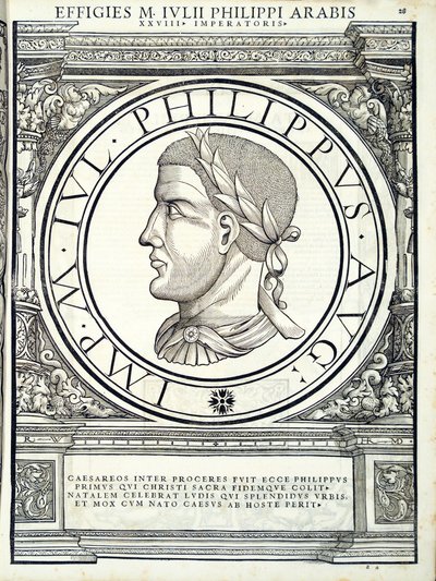 Giulio Filippo, illustrazione da Imperatorum romanorum omnium orientalium et occidentalium verissimae imagines ex antiquis numismatis, xilografia di Rudolph Wyssenbach, stampata da Andreas Gesner, Zurigo da Hans Rudolf Manuel Deutsch